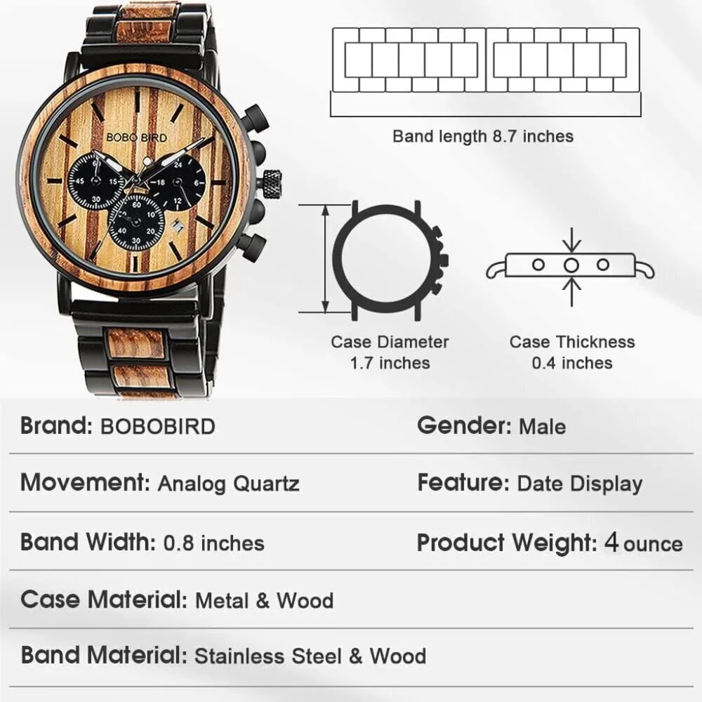 Men's Black Wood Stainless Steel Combined Chronograph Military Quartz Watches